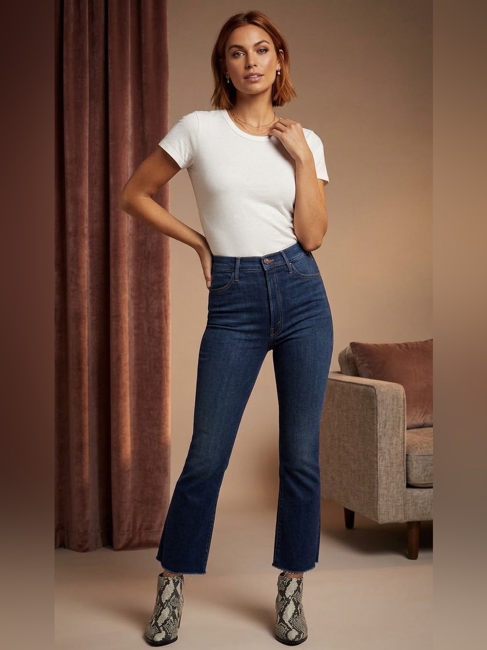 NWT MOTHER The Hustler Frayed High Waist Ankle Flare Jeans in Home Movies Sz 24